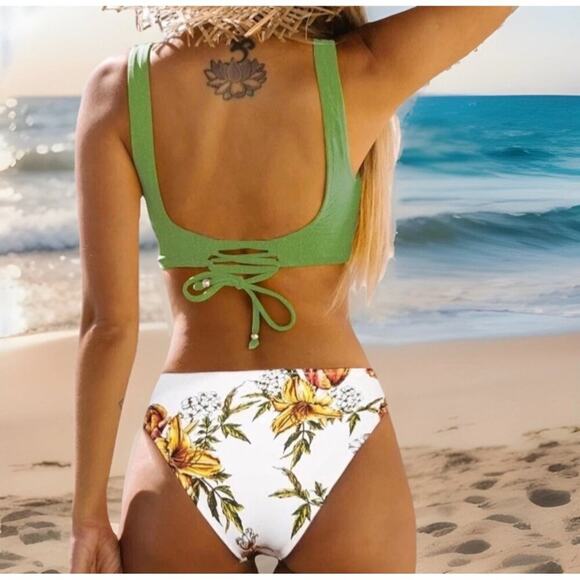 Cupshe Women XL 2 Piece Swimsuit Green Wrap Top Floral High Waist Bikini Lace Up - Picture 3 of 9